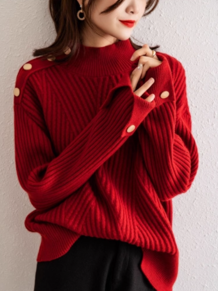 Damski Sweter Oversize Prążkowany z Wysokim Golfem i Guzikami