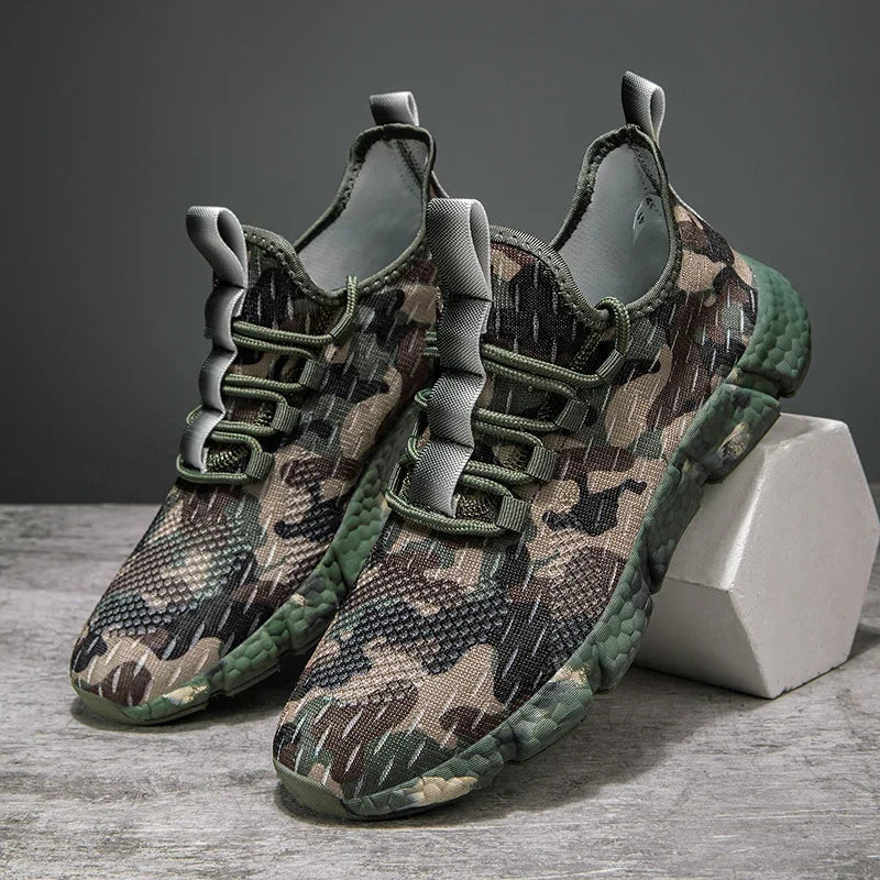 Męskie Sneakersy z Oddychającą Siateczką, Wzorem Moro i Grubą Podeszwą