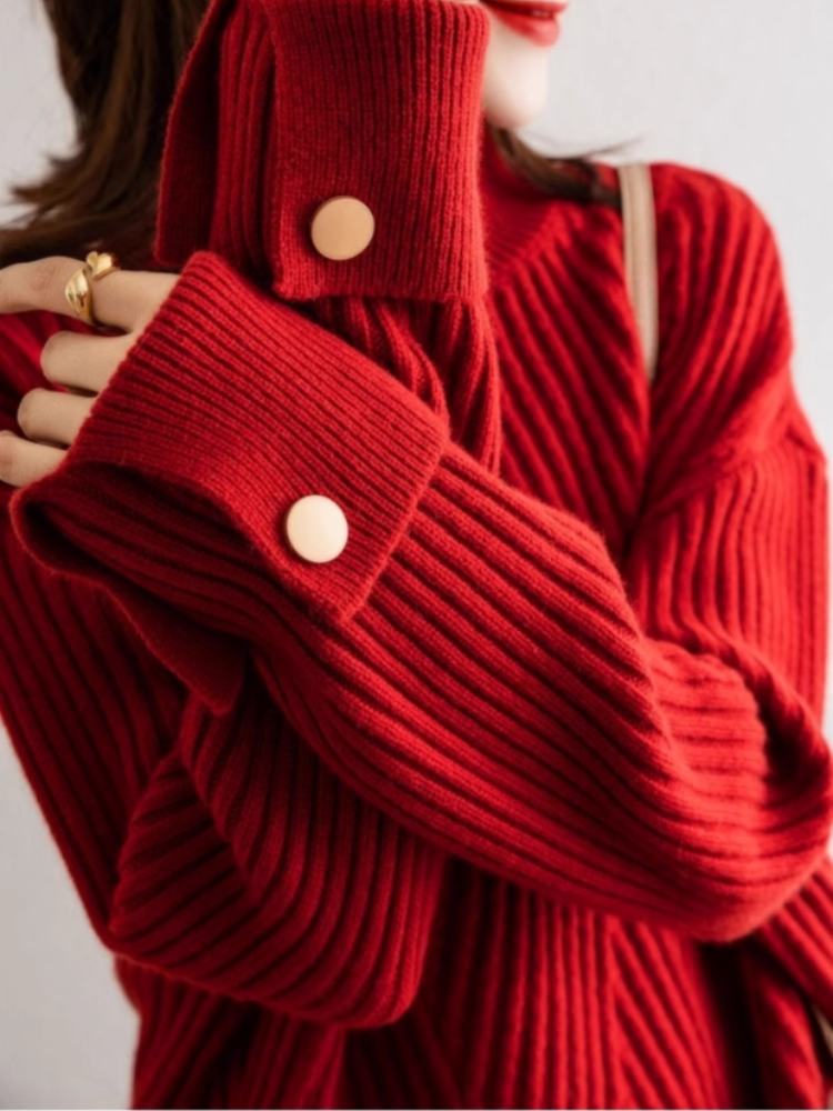 Damski Sweter Oversize Prążkowany z Wysokim Golfem i Guzikami