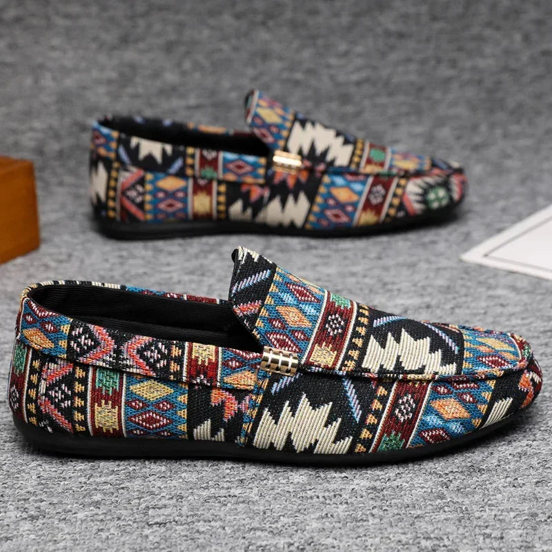 Męskie Loafersy z Płótna z Wzorem Azteckim i Gumową Podeszwą