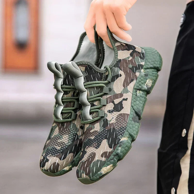 Męskie Sneakersy z Oddychającą Siateczką, Wzorem Moro i Grubą Podeszwą