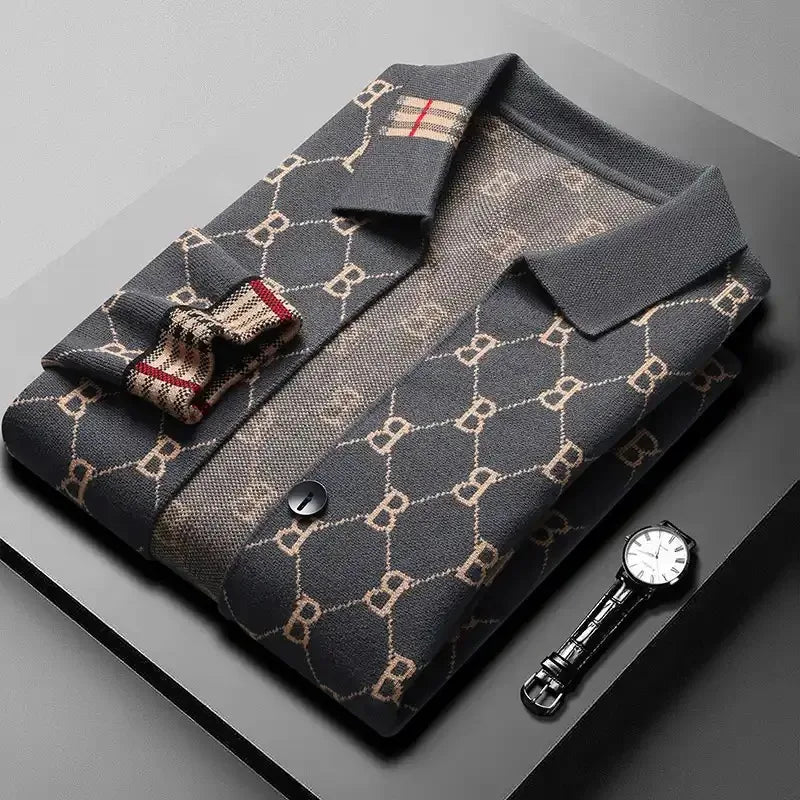 Męski kardigan z wzorem żakardowym i kontrastowymi ściągaczami