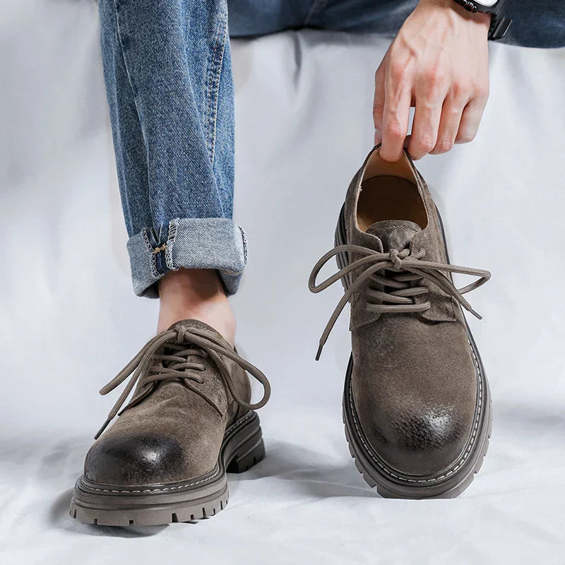 Męskie Buty z Okrągłym Nosem, Zamszowa Cholewka, Szycie Moccasin i Gruba Podeszwa