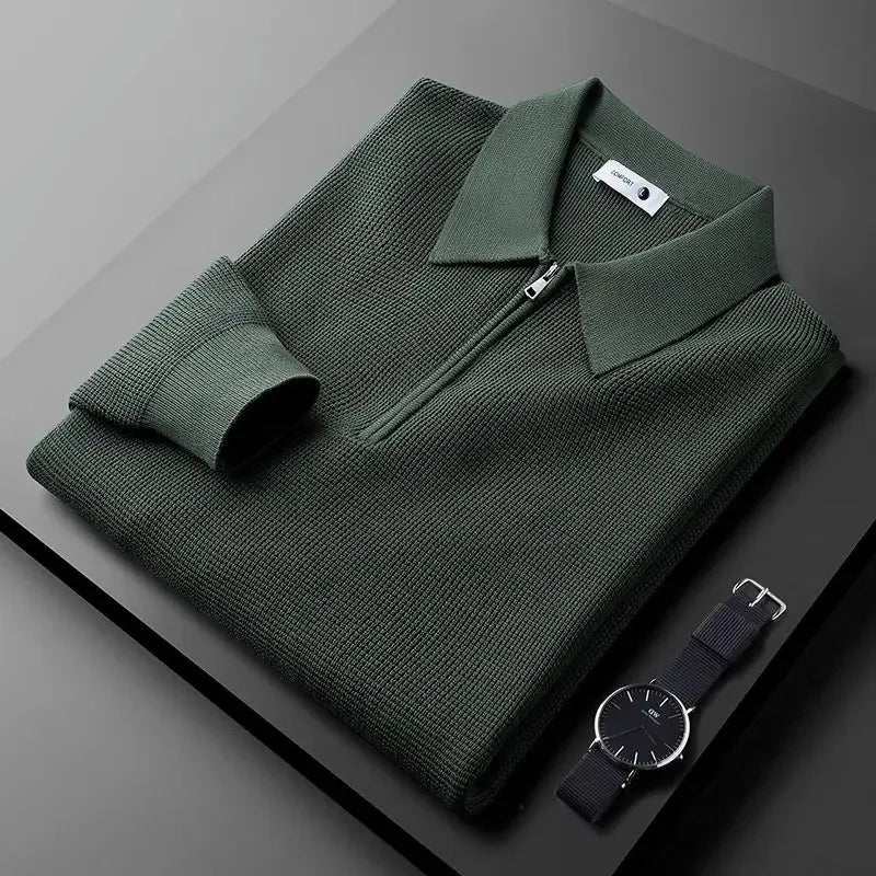 Męska Koszula Waffle Knit z Półguzikowym Zamkiem i Klasycznym Kołnierzem