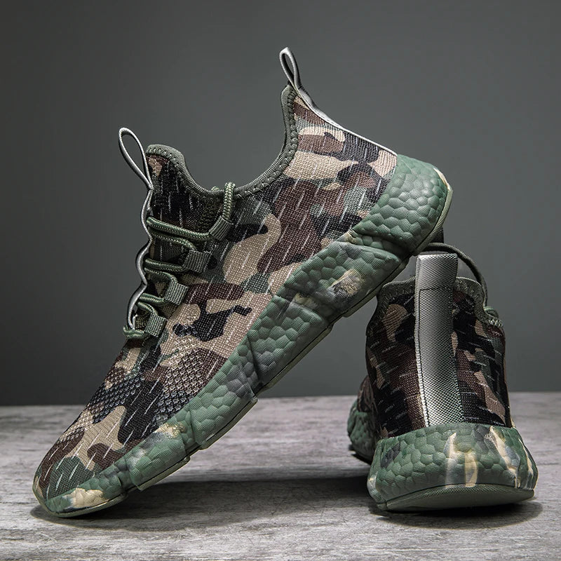 Męskie Sneakersy z Oddychającą Siateczką, Wzorem Moro i Grubą Podeszwą