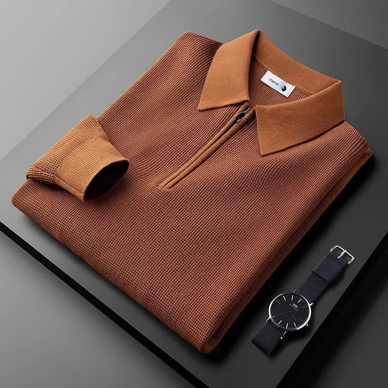 Męska Koszula Waffle Knit z Półguzikowym Zamkiem i Klasycznym Kołnierzem