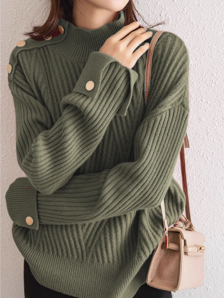 Damski Sweter Oversize Prążkowany z Wysokim Golfem i Guzikami