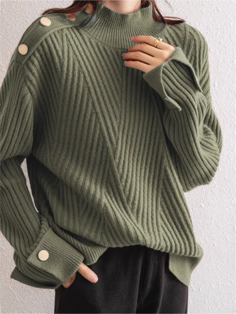 Damski Sweter Oversize Prążkowany z Wysokim Golfem i Guzikami