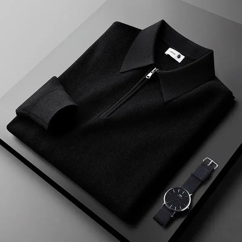 Męska Koszula Waffle Knit z Półguzikowym Zamkiem i Klasycznym Kołnierzem