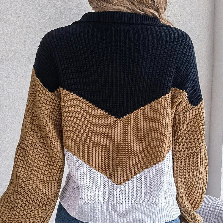 Damski Pulower Dzianinowy z Dekoltem V i Designem Color Block