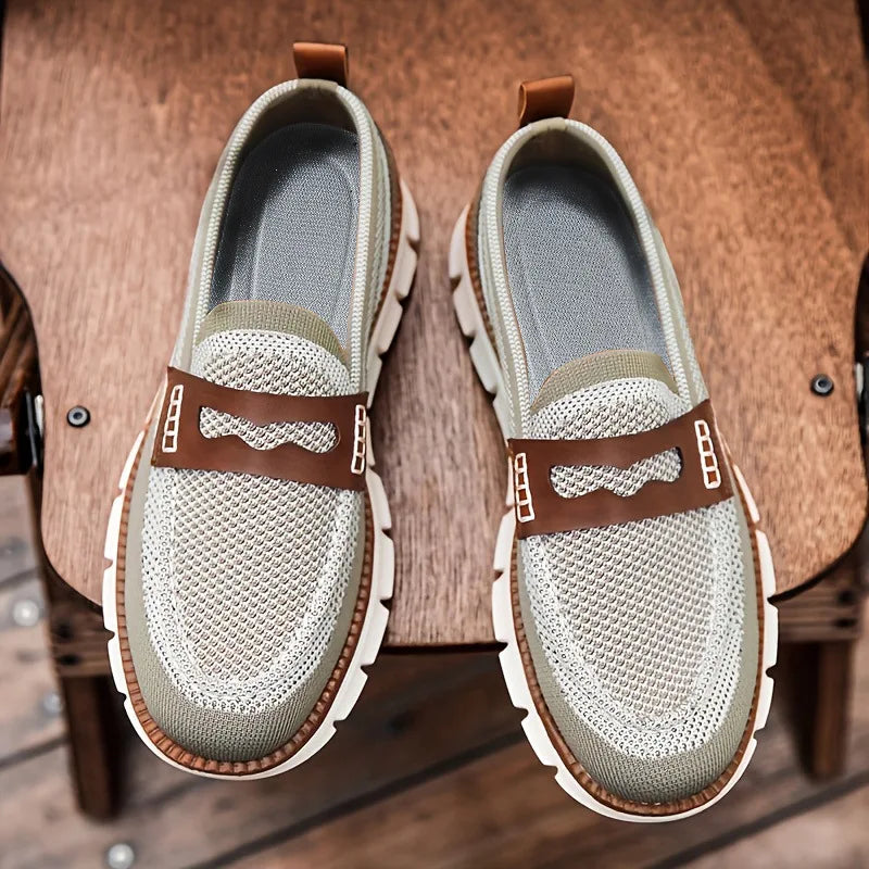 Męskie Loafersy Dzianinowe z Paskiem i Kontrastową Podeszwą