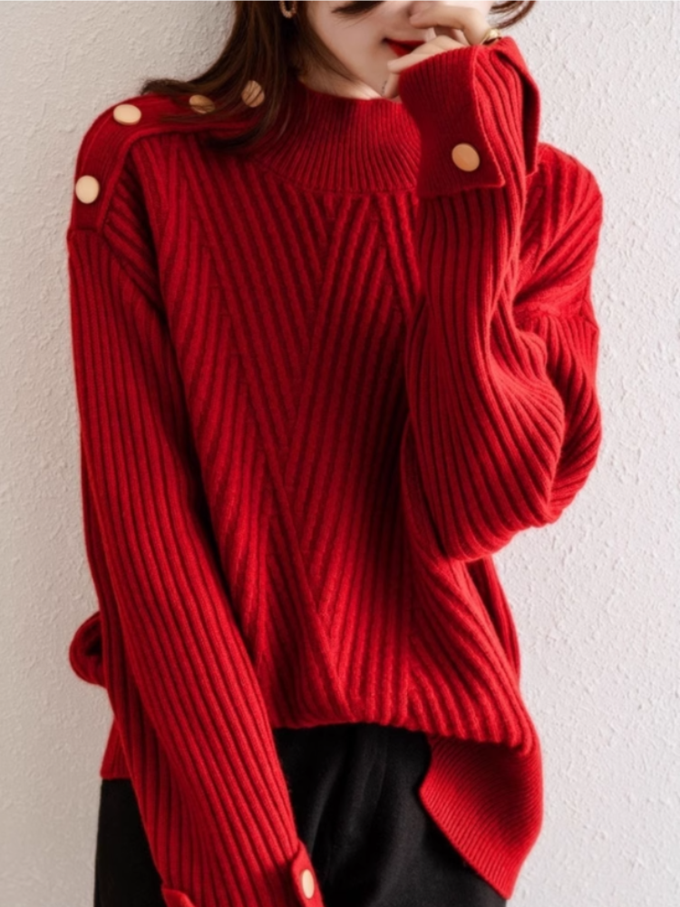 Damski Sweter Oversize Prążkowany z Wysokim Golfem i Guzikami