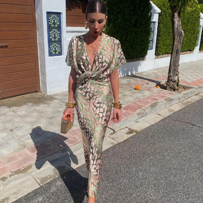 Sukienka Damska Letnia Maxi w Kwiatowy Wzór z Zawiązanym Przodem i Dekoltem V