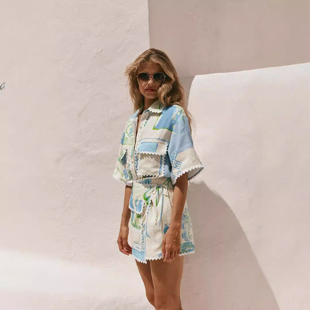 Zestaw Damski Letni Dwa Częściowy z Koronkowym Wzorem i Geometrycznym Nadrukiem