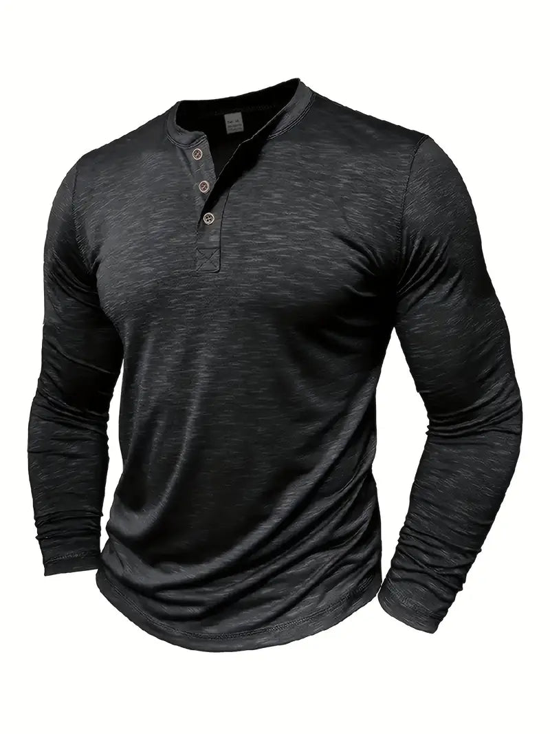 Męski T-shirt Henley z Długim Rękawem i Zapięciem na Guziki