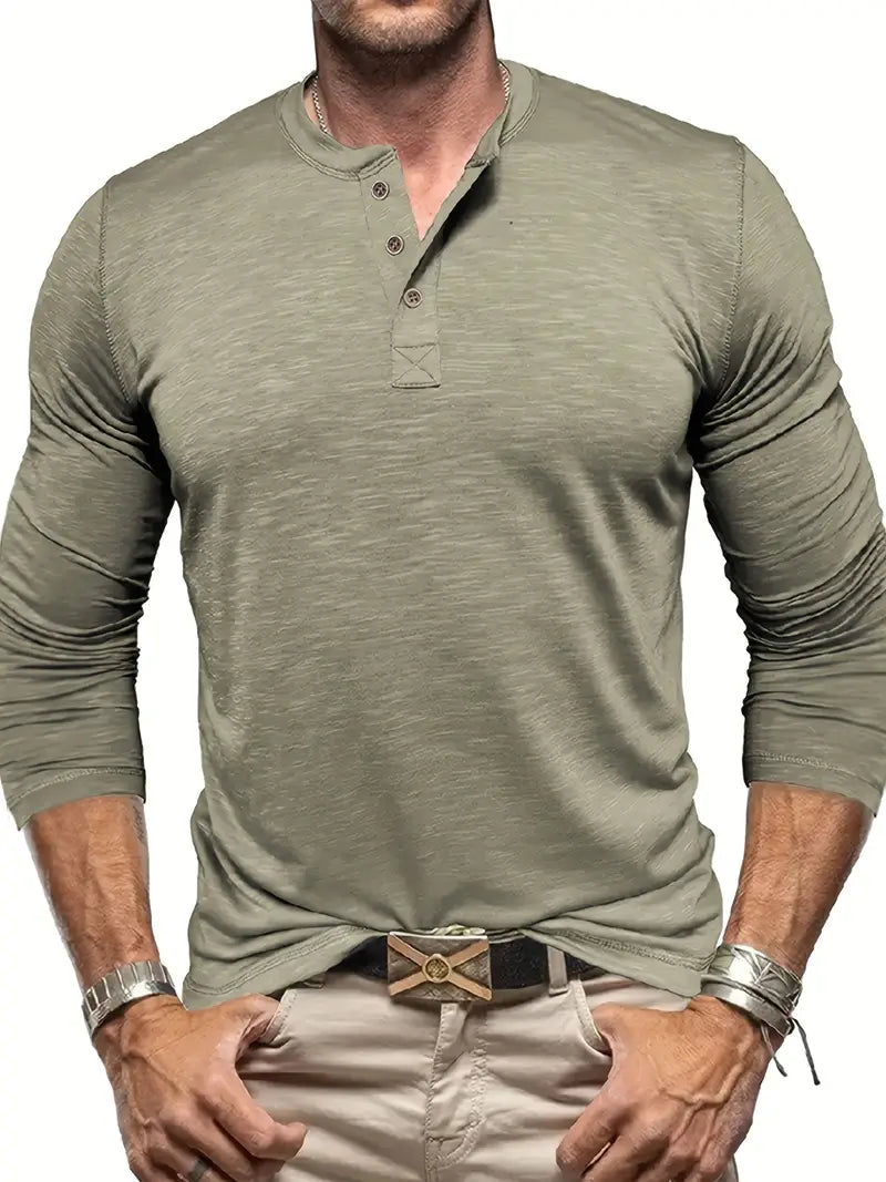 Męski T-shirt Henley z Długim Rękawem i Zapięciem na Guziki
