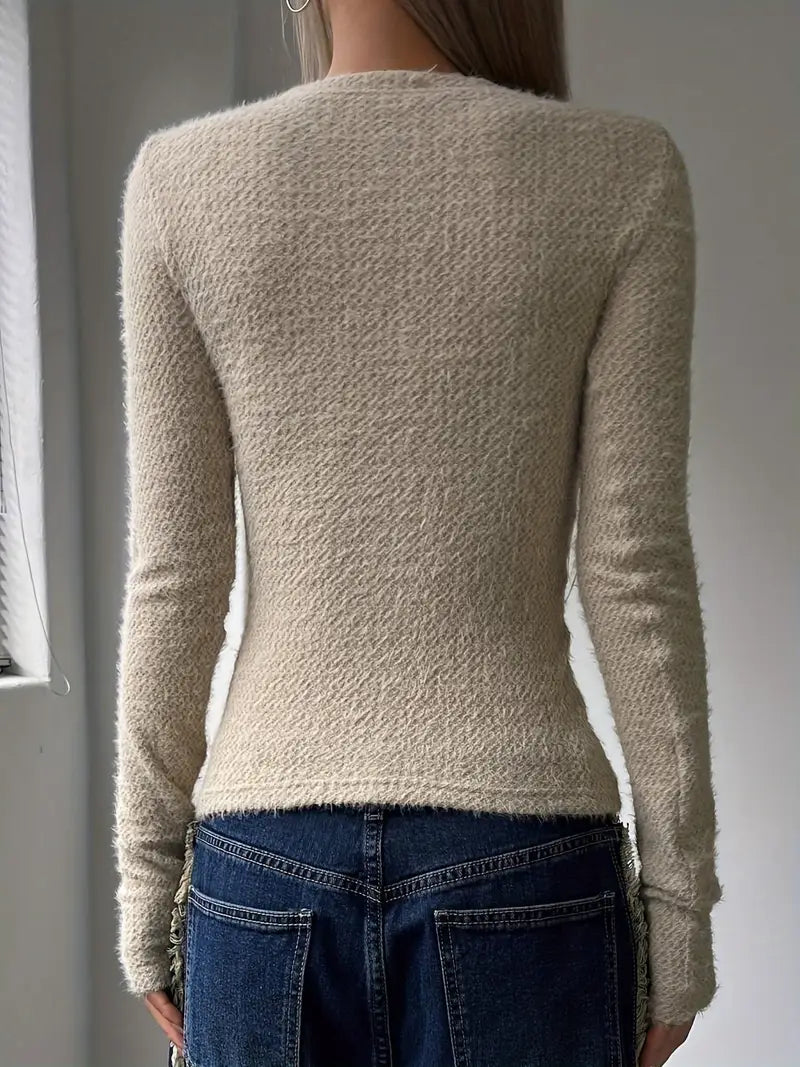 Damski Sweter Dzianinowy z Okrągłym Dekoltem i Minimalistycznym Designem