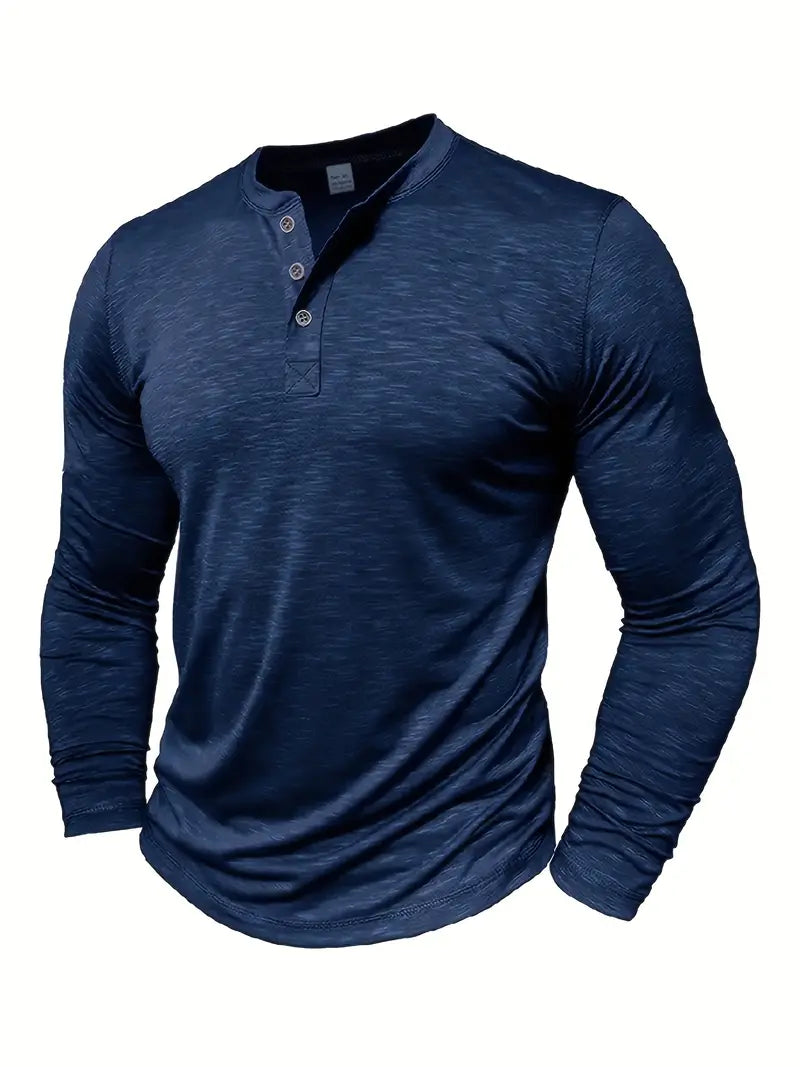 Męski T-shirt Henley z Długim Rękawem i Zapięciem na Guziki