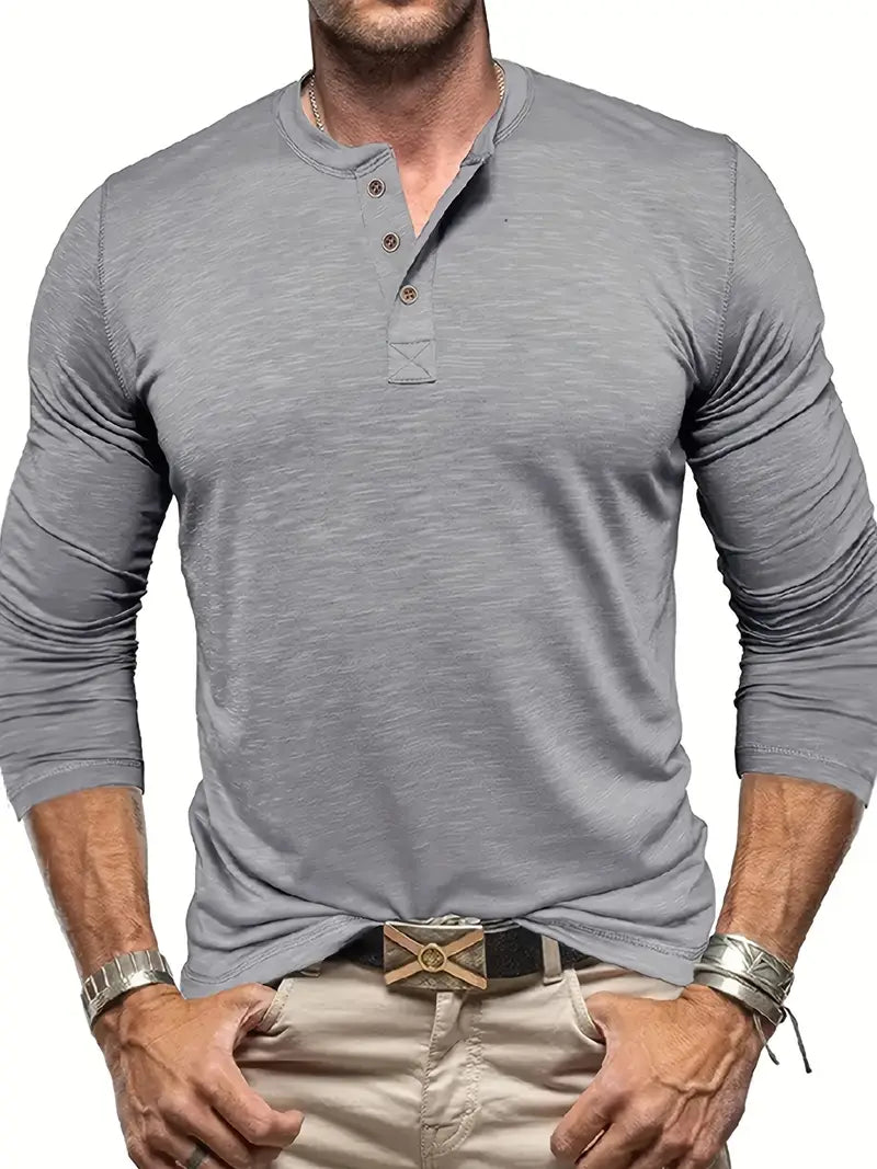 Męski T-shirt Henley z Długim Rękawem i Zapięciem na Guziki