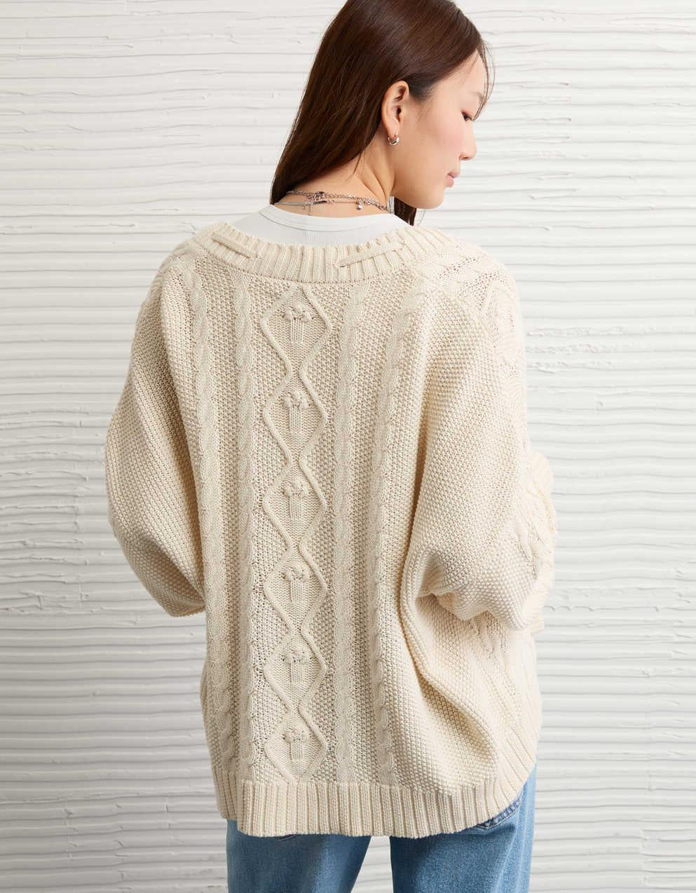 Damski Kardigan z Warkoczowym Splotem, Otwarty z Prążkowanym Dółem