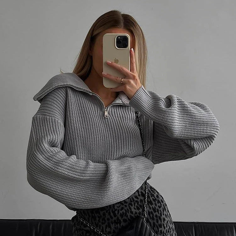 Damski Sweter Dzianinowy z Zamkiem przy Kołnierzu i Długim Rękawem