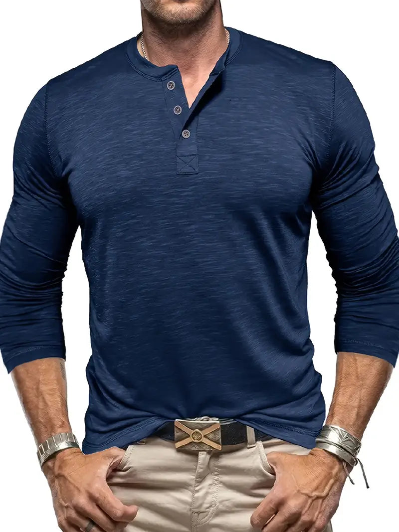 Męski T-shirt Henley z Długim Rękawem i Zapięciem na Guziki